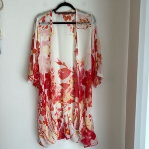 Sak Saum Women’s Sheer floral water color artsy long robe beach cover up L/XL!